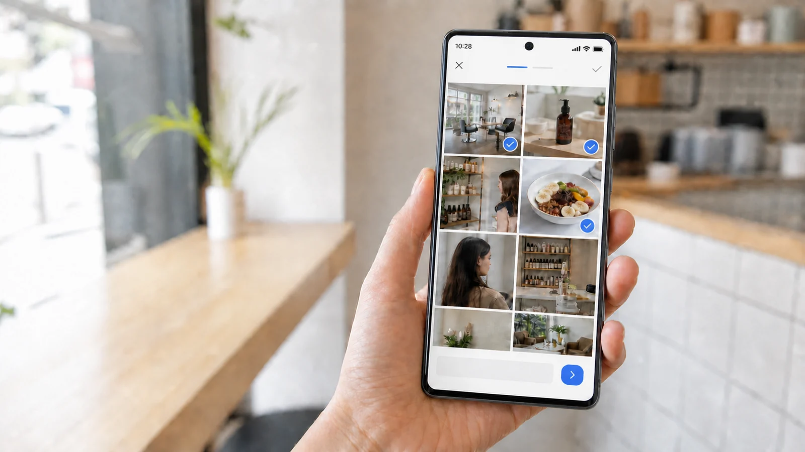Android-смартфон с выбранными фотографиями для будущего короткого ролика